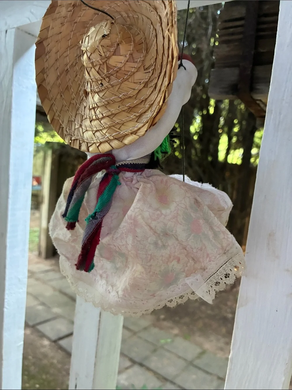 Handcrafted Red Face Girl Marionette Doll with Straw Hat